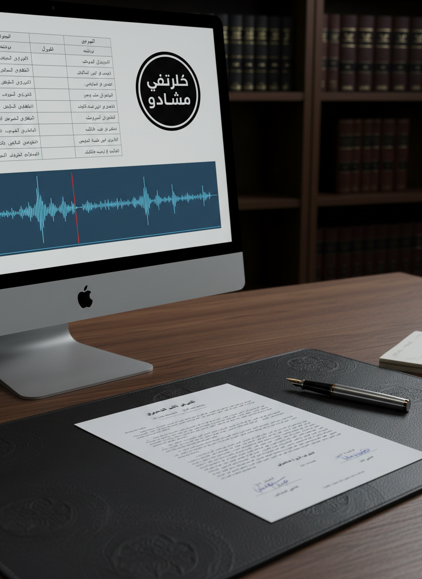 A meticulously organized legal workspace featuring a dark leather desk pad, an open Arabic legal contract with precise typesetting, and a stamp-like icon on a nearby monitor reading "موثق ومراجع". A high-resolution screen shows paragraphs of Arabic legal text aligned beside an audio waveform, indicating synchronized playback and transcription. Law books with Arabic titles line a shelf in the softly blurred background. Cool, balanced studio lighting casts gentle, professional shadows and crisp highlights on the paper texture and metal pen clip. Photographic realism, framed at a three-quarter angle with moderate depth of field, conveys accuracy, confidentiality, and specialization in legal transcription services without showing any human figures.