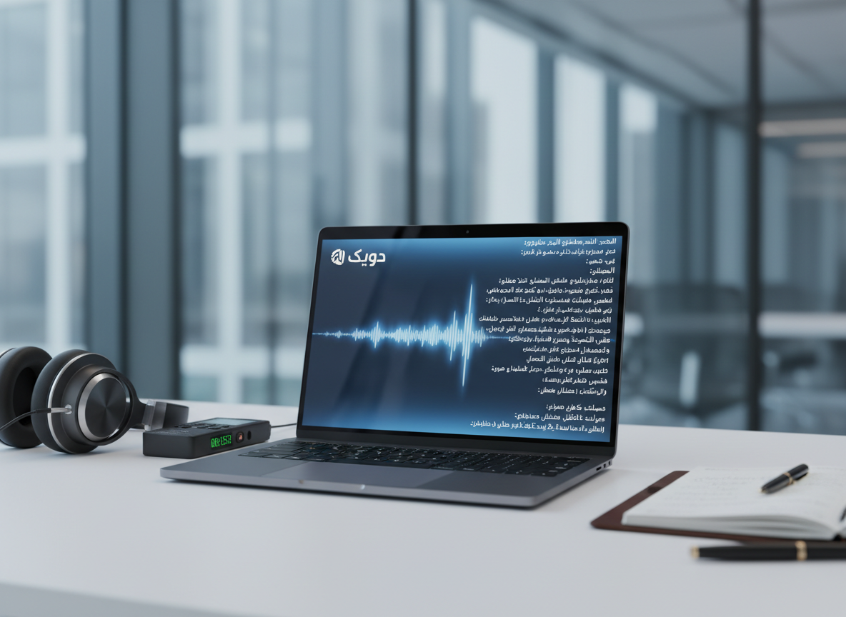 A sleek, dark-gray laptop open on a clean white desk, its screen displaying a clear waveform transforming into neatly aligned Arabic text in a modern interface branded with the word "سياق". Around the laptop lie high-quality over-ear headphones, a small digital recorder, and a slim notepad with precise Arabic annotations. The scene is set in a contemporary office with glass walls softly blurred in the background. Cool, diffused daylight from a large window creates gentle reflections on the laptop’s metallic surface, emphasizing professionalism and clarity. Photographic realism, shot at eye level with a shallow depth of field and a calm, confident atmosphere, conveying precise, AI-powered Arabic transcription services.