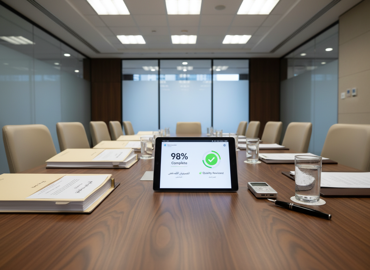 A polished conference room table made of dark walnut, its surface filled with printed Arabic meeting transcripts neatly stacked in labeled folders: "محضر اجتماع", "ملاحظات مشروع", and "ملخص تنفيذي". At the center, a tablet displays a progress screen of an AI transcription platform with high completion percentages and quality review status. A small digital voice recorder rests beside a sleek pen and a glass of water. Soft, neutral office lighting from recessed ceiling panels creates even illumination with subtle reflections on the table. Shot from a slightly elevated, wide perspective in photographic realism, the composition uses the rule of thirds to highlight organized documentation, creating a focused, reliable, and corporate atmosphere for business meeting transcription.