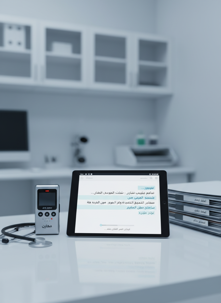 A bright, sterile medical office desk topped with a tablet displaying an Arabic medical report being auto-generated from a recorded doctor’s note, with medical terminology highlighted in a subtle blue. Nearby, a stethoscope, a digital voice recorder labeled "عيادة", and neatly arranged patient files with Arabic labels add context. The background suggests a clinical environment with blurred cabinets and equipment, all in soft whites and light grays. Cool, diffused overhead lighting emphasizes cleanliness and precision, with gentle reflections on the tablet’s glass. Captured in photographic realism from an eye-level angle with shallow depth of field, the mood is highly professional, precise, and reassuring, highlighting specialized medical transcription in Arabic.