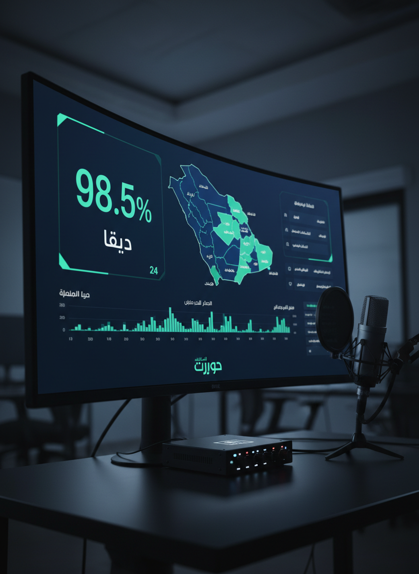 A high-tech control dashboard displayed on a large ultra-wide monitor, showing analytics for Arabic transcription performance: accuracy percentages, dialect coverage maps of Saudi regions, and timelines of processed audio. The interface uses deep navy blues and accents of emerald green, with clear Arabic labels like "دقة", "لهجة", and "مدة التسجيل". A compact audio interface and studio-quality microphone sit neatly below the screen on a matte black desk. Dim ambient office lighting combines with the monitor’s glow to create a focused, tech-forward atmosphere. Photographic realism, captured from a centered, slightly low angle to emphasize the screen, with subtle bokeh on the desk edges, conveying advanced, AI-driven capabilities and performance monitoring for the منصة "سياق".