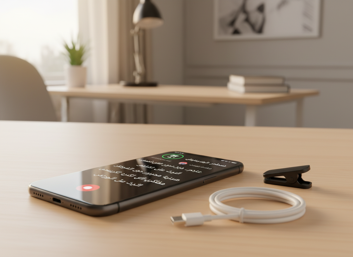 A close-up of a smartphone resting on a smooth light-wood table, its screen showing a recording app with a live Arabic transcription progressing line by line, small icons indicating Saudi dialect support and AI plus human review. Beside it, a compact wireless microphone and a neatly coiled USB-C cable add technical detail. The background fades into a softly blurred, minimal home-office setting. Warm, indirect afternoon light from a side window creates soft highlights on the glass and metal edges of the phone. Captured from a slightly elevated angle in clean, photographic realism, the mood is modern, accessible, and trustworthy, emphasizing ease of use for converting Arabic speech to accurate text.